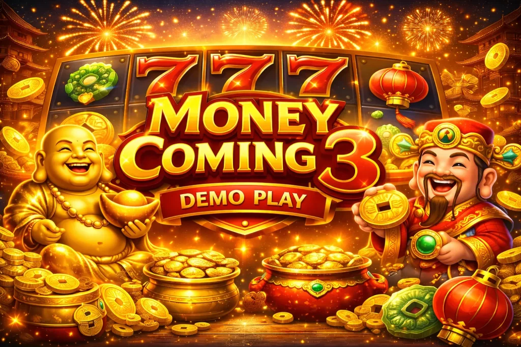 Money Coming 3 Demo Play slot banner with golden coins, lucky Buddha, Chinese god of wealth, fireworks, and Asian prosperity theme by TaDa Gaming