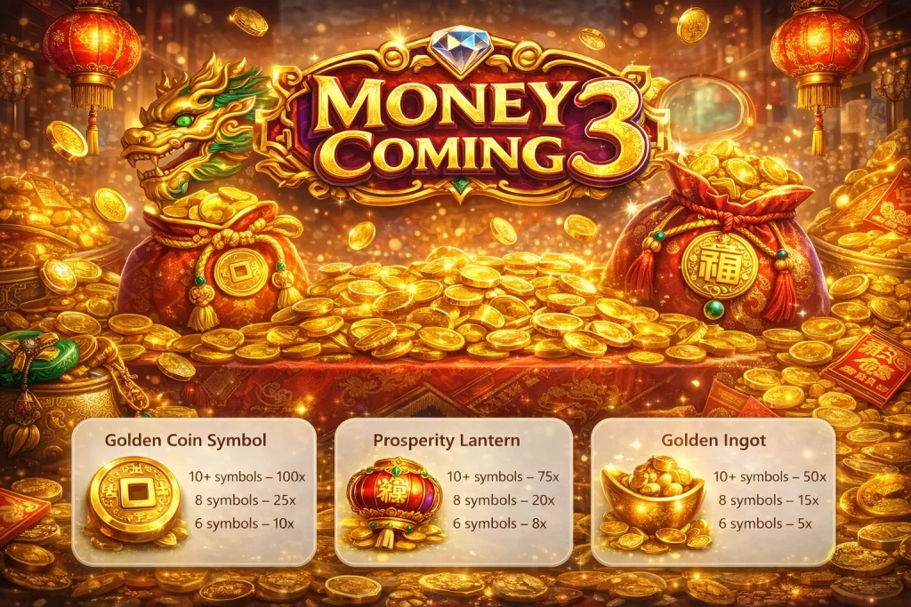 Money Coming 3 slot game banner with golden coins, Chinese lanterns, prosperity symbols, and a dragon statue surrounded by treasure in a festive red and gold theme.